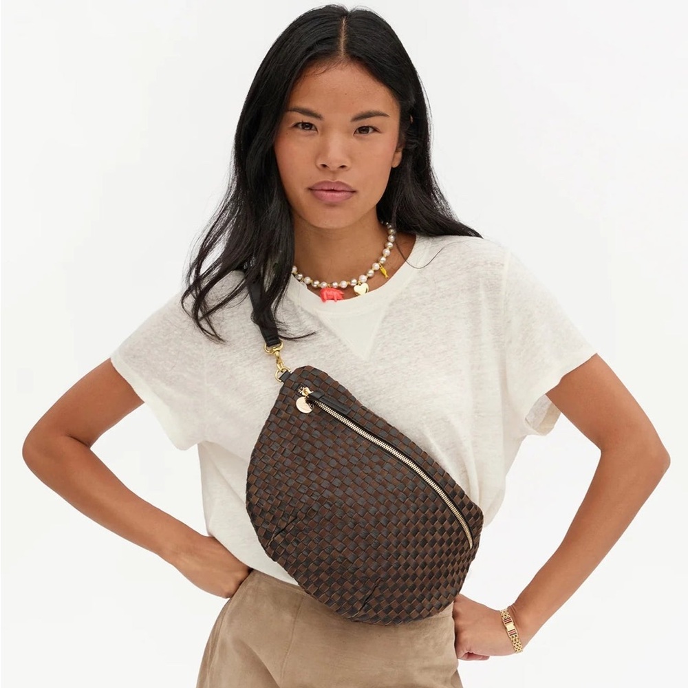 Clare V. Grande Fanny Black/Chocolate Leather Suede Woven Checker